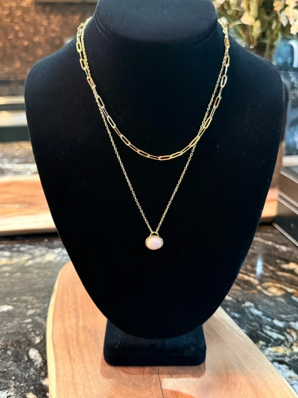 Anthropologie Minimalist Gold Pendant Layered Neckace blush moonstone - Picture 2 of 5